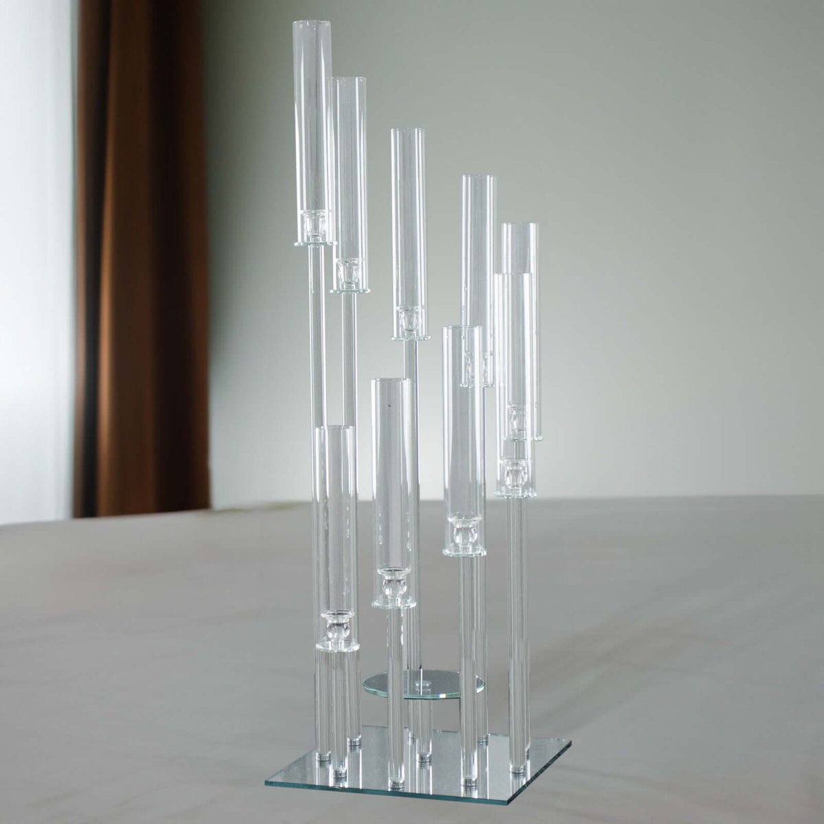9-Arm Crystal Glass Cluster Candelabra Pedestal Stand 4ft - Square Hurricane Taper Candle Holder Table Centerpiece