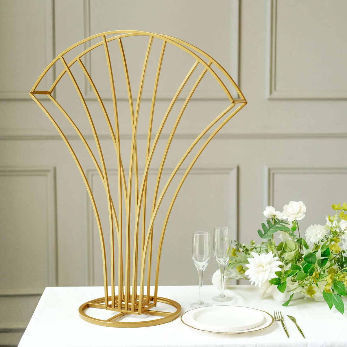 Gold Metal Flower Frame Table Centerpiece 32" Scalloped Fan Shape Design - Wedding Floral Display Stand