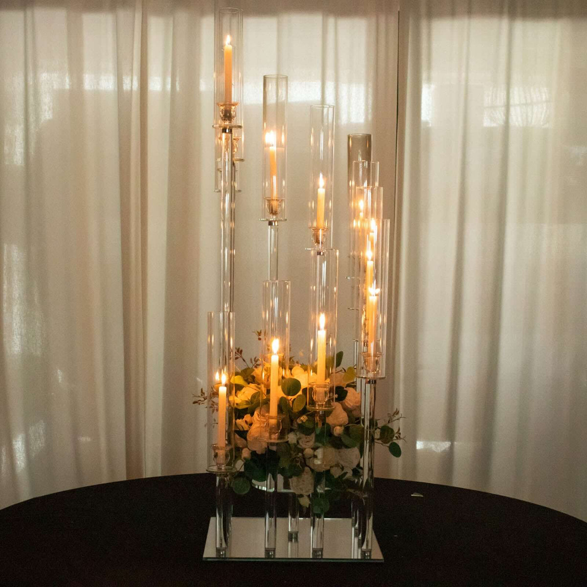 12-Arm Crystal Glass Cluster Candelabra Pedestal Stand 4.5ft - Square Hurricane Taper Candle Holder Table Centerpiece